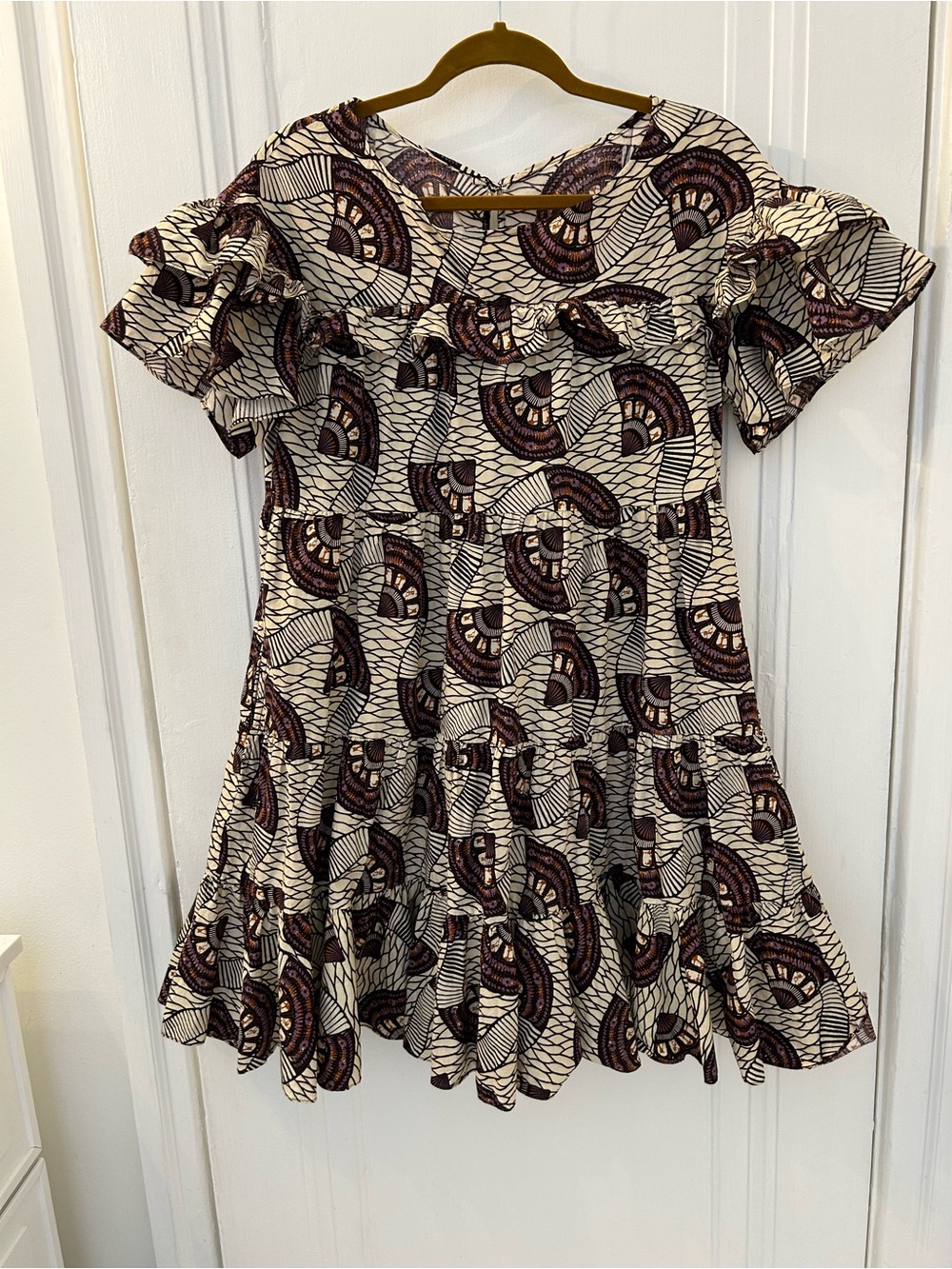 Ulla Johnson Cream and Brown Printed Ruffle Mini Dress